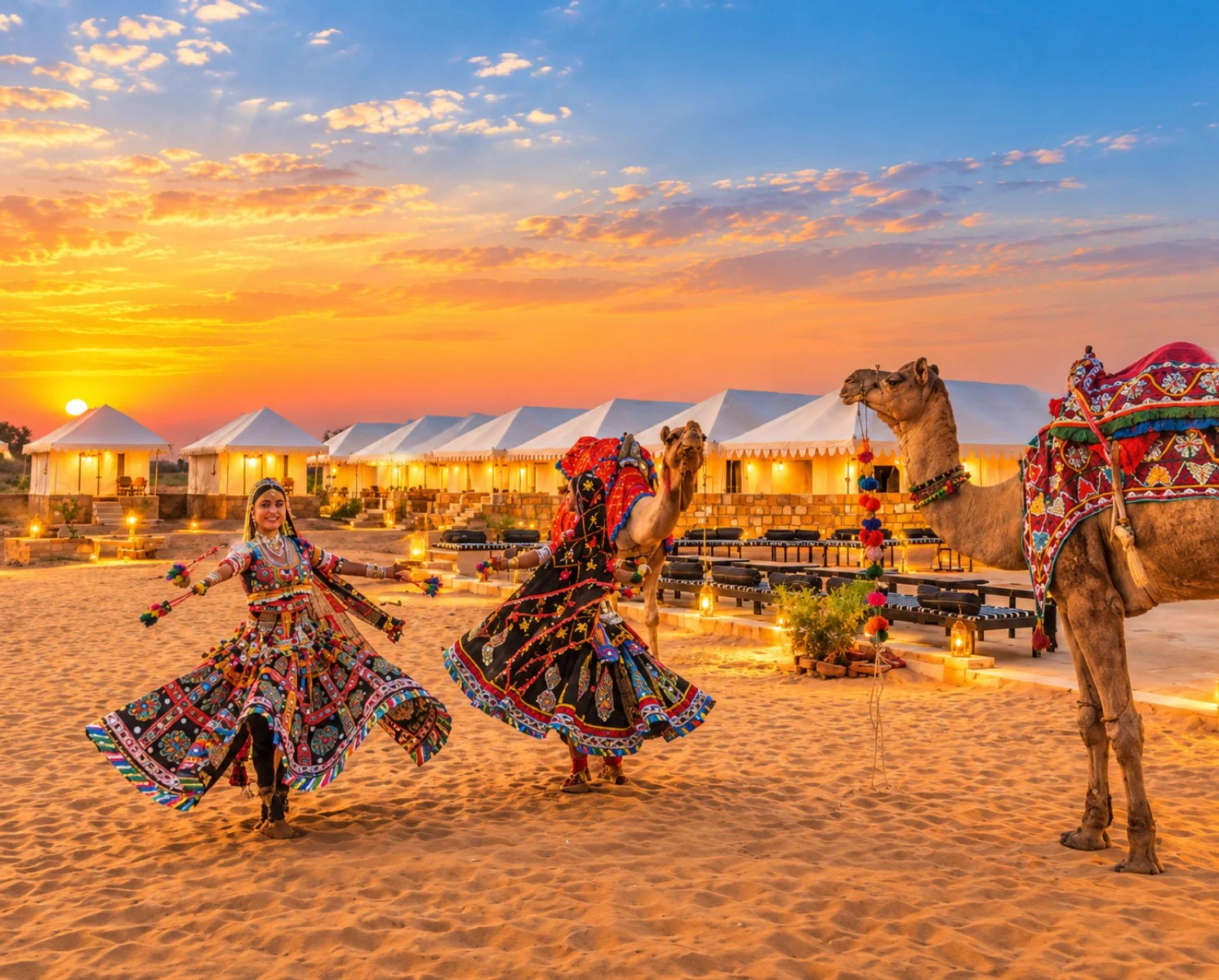 Rajasthani folk dancers and decorated camels at Serendipity Desert Camp at sunset