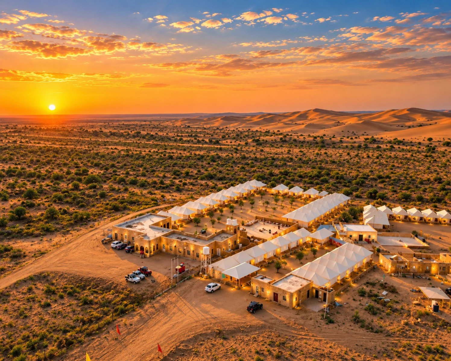 Aerial drone view of Serendipity Desert Camp surrounded by golden Thar desert dunes at sunset
